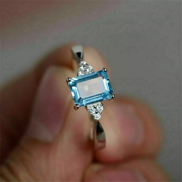Women 925 Silver Gift Wedding Aquamarine Engagement Anniversary Ring Size 6-10