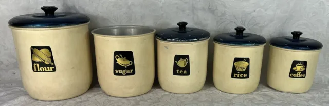 Set of 5 Vintage Aluminium Canisters - One Lid Missing