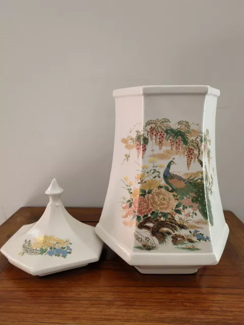 Hand made,Large,6 sided urn,Oriental decals with peacock & floral,Signed,15in. 2