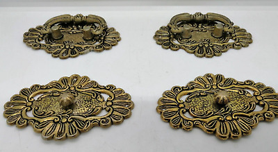 Vintage 6 Brass Metal Ornate Knobs Pulls Handles door KIT from old chest trunk 2