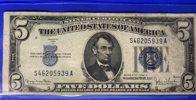 1934 D Five Dollar Silver Certificate $5 Bill Blue Seal Note  