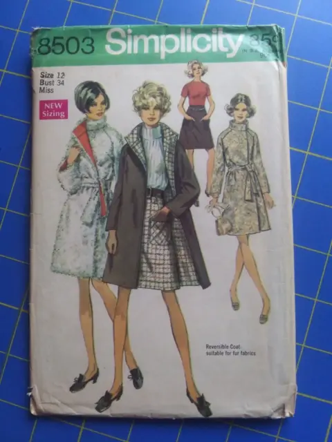 Simplicity 8503 Vintage 1969 Pattern Misses 12 Skirt & Reversible Wrap Coat UC