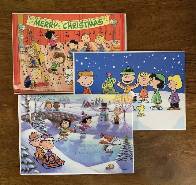 3 PEANUTS GANG Christmas Greeting Cards Woodstock Sleigh Ride Charlie