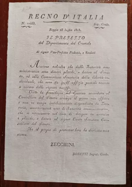 F14-Regno D'italia,Periodo Napoleonico, Reggio, Lettere E Franchigia Del Governo