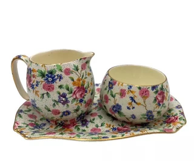 Royal Winton Grimwades Old Cottage Chintz Sugar Bowl Creamer Tray Vintage