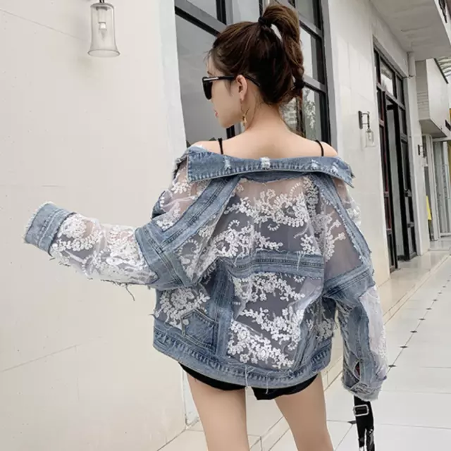 Women Floral Lace Denim Jacket Coat Embroidery Loose Ripped Tops Outerwear