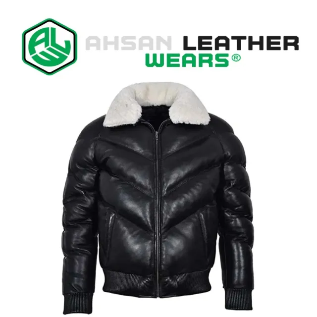 Men's Leather Jackets with Fox Fur Collar Bubble Jacket Leather V Bomber Jacket