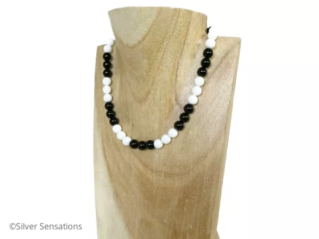 Collier monochrome perles d'agate noir onyx et blanc neige avec argent sterling 2