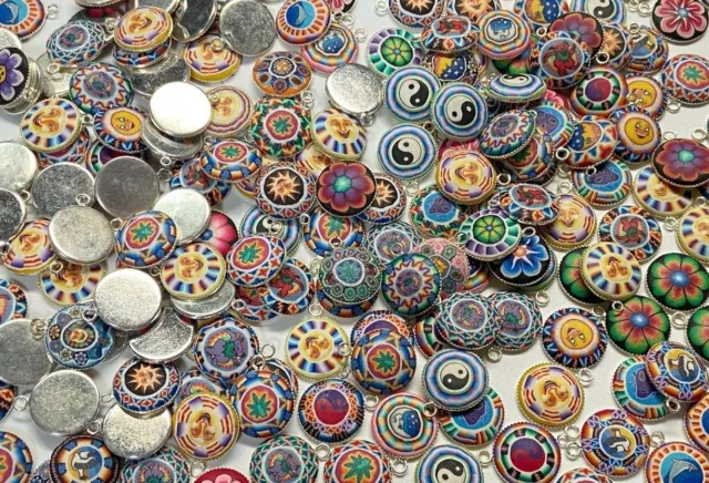 NEW 100 Polymer Clay Pendants Metal Back Assorted Floral Smiley Face Sun