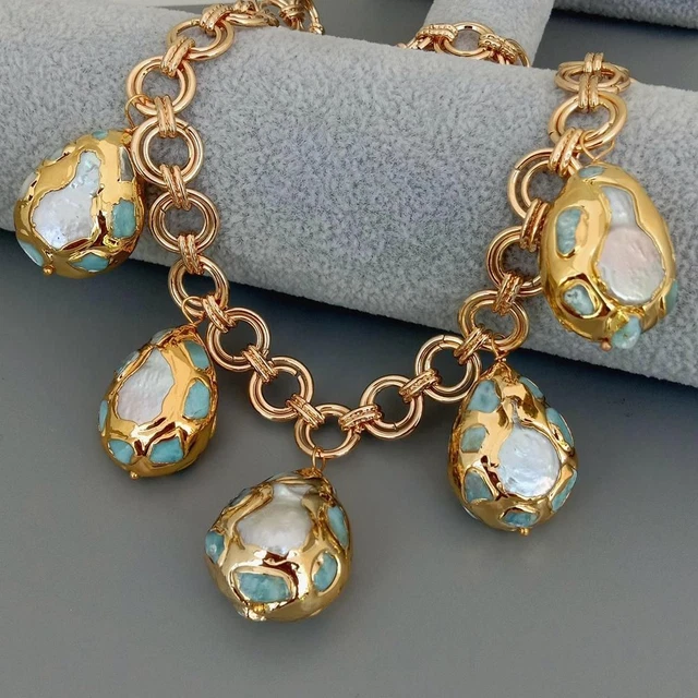 Blue Larimar Chips gold Plated Link Chain White Coin Pearl Pendant Necklace