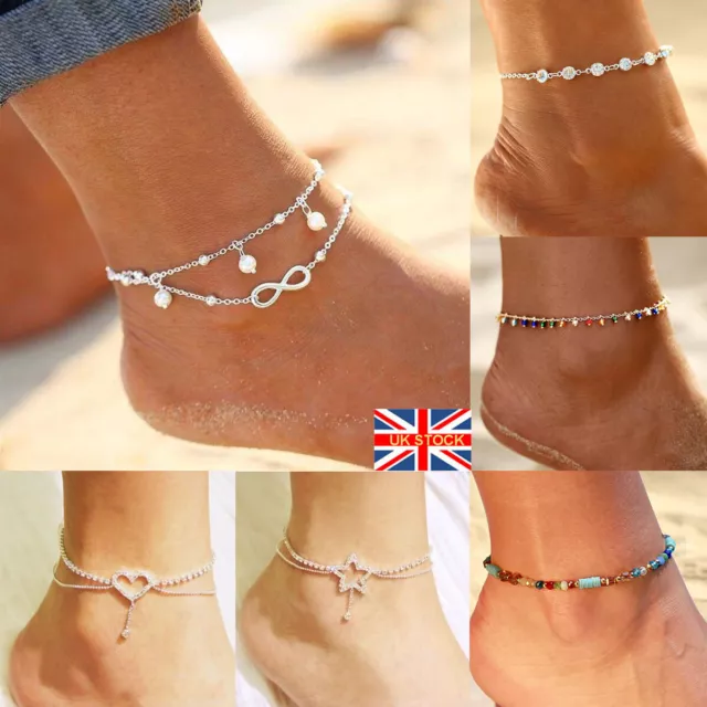 Ankle Bracelet 925 Sterling Silver plated Anklet Foot Chain Boho Beach Beads UK