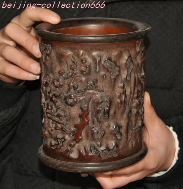 6'' Bamboo root wood carved Plum blossom Calligraphy Tools brush pot pencil vase
