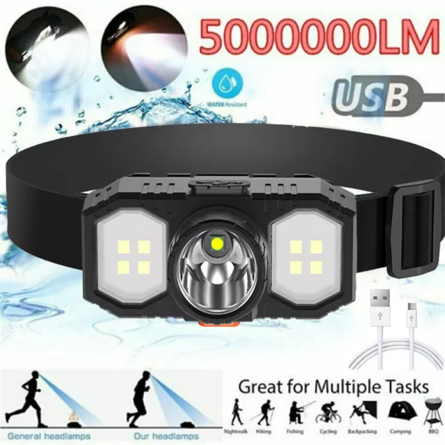 Super Bright Waterproof LED Head Torch Headlight USB Rechargeable Headlamp UK