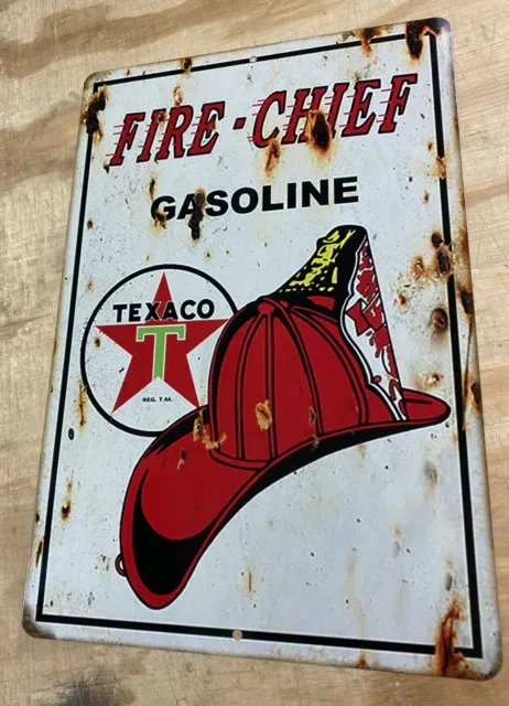 Texaco Fire Chief Distressed Looking Aluminum Tin Sign 12" x 18"