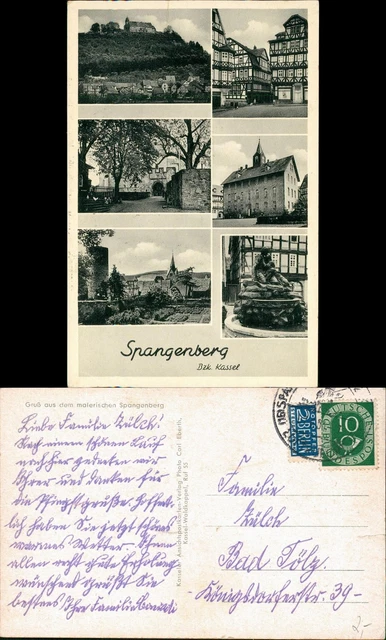 Ansichtskarte Spangenberg Mehrbild: Brunnen, Fachwerkhäuser 1954