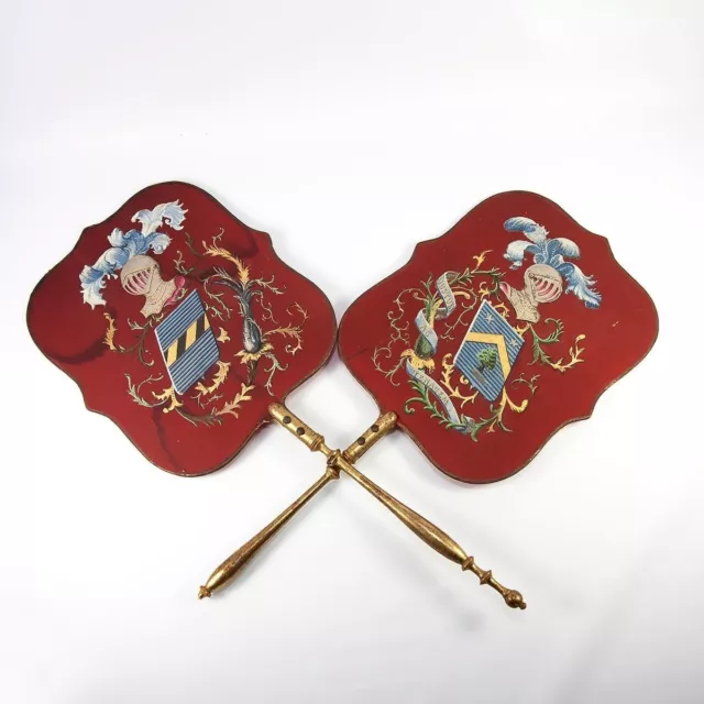 Hand Painted Antique French Silk Heraldry Face Screen Pair, (2), Knight & Shield Hand Painted Antique French Silk Heraldry Face Screen Pair, (2), Knight & Shield