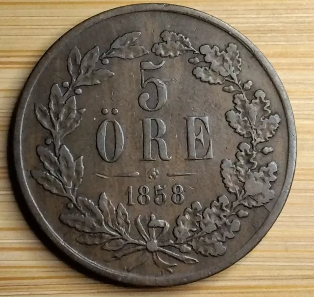 1858 Sweden 5 Ore Coin