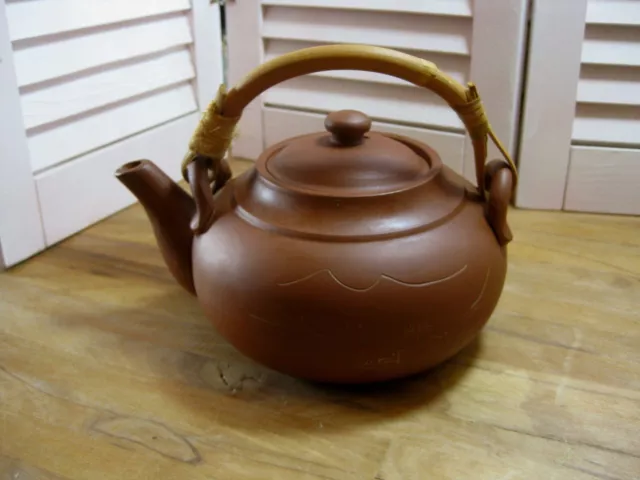Old Chinese Red Clay Terracotta Teapot bamboo handle appr 5 1/2"H vtg