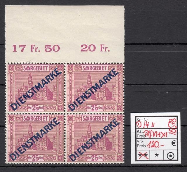 Saargebiet 1923 Mi. Nr. 14 II ** (Dienstmarken) Plattenfehler VI+XI