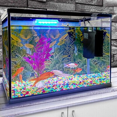 26L Glass Aquarium Fish Tank Starter Kit Set Air Filter Pump Net Stone LED Light