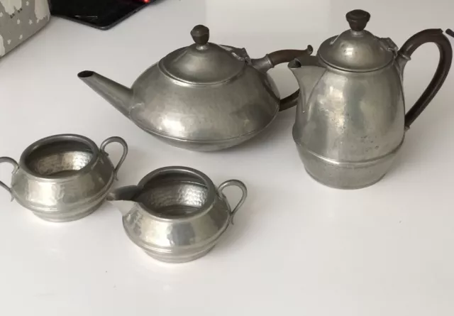 True Vintage Arts & Craft Tea Coffee Set Hand Hammered English Pewter Knighthood