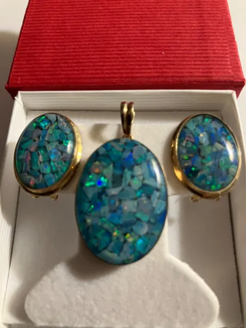 14k Gold Mosaic Boulder Opal Framed Pendant with matching 14K omega earrings