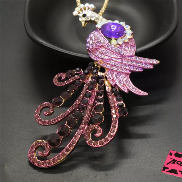 New Betsey Johnson Purple Bling Peacock Animal Crystal Pendant Women Necklace