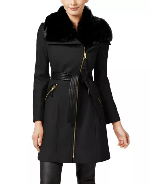 Via Spiga Women's Petite Jacket PM Asymmetric Faux-Fur-Collar Wrap Coat, Black