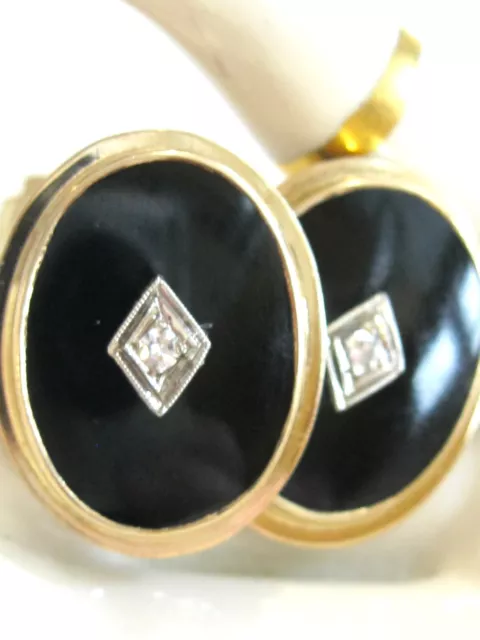 Classy Esemco Solid 10K Gold Black Onyx & Diamond Cufflinks Mens Womens Unisex