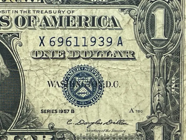 Series 1957 B Silver Certificate One Dollar Bill X69611939A Blue Seal