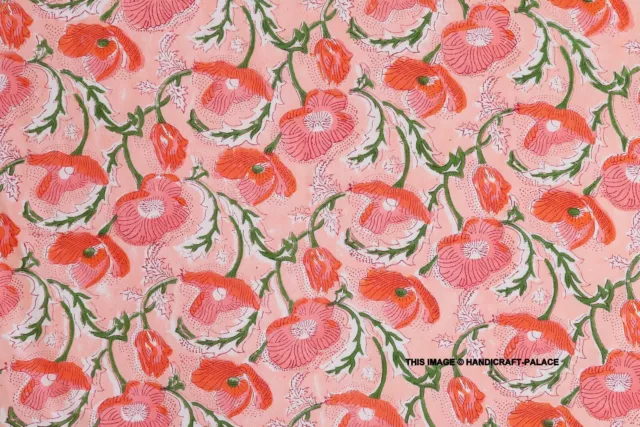 Poppy Print Peach, Pink & Green Hand block Printed Cotton Fabric Indian 5 Yard