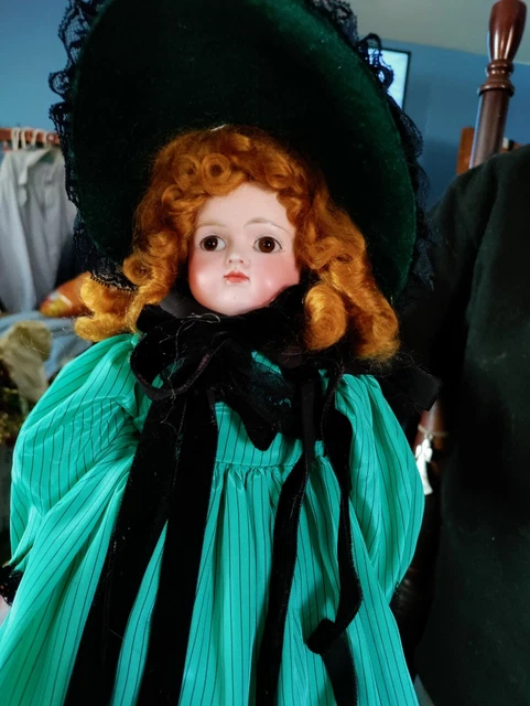 21" Antique Dome-head, Closed-mouth, Early Kestner Doll In Dark Mint Dress...