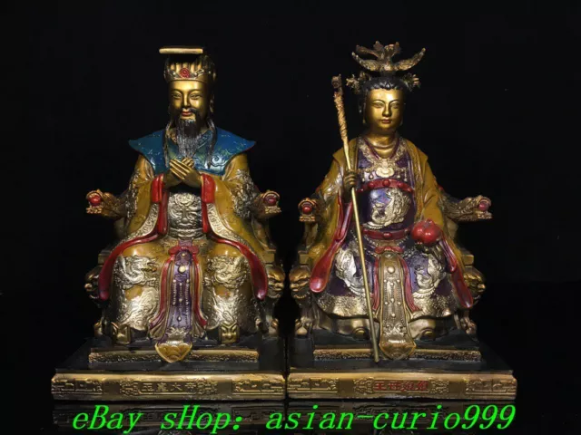 11.8''Old Bronze Painting Jade Emperor Dragon Crutch Queen Mother Statue Pair