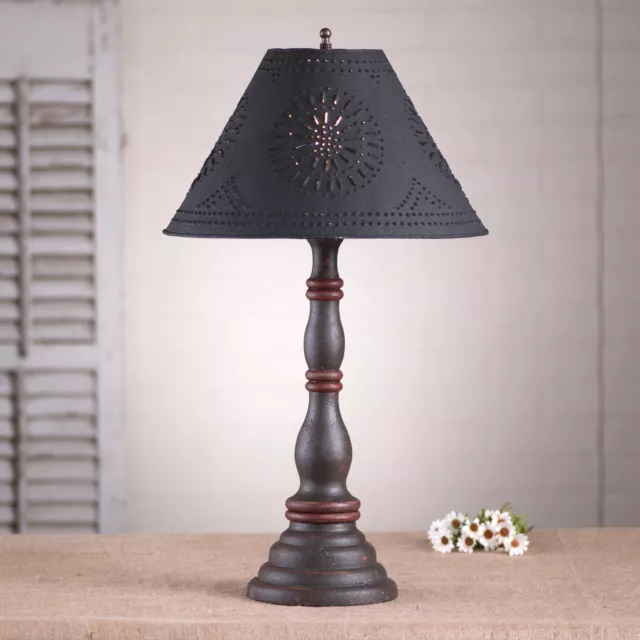 Black with Red Primitive TABLE LAMP & Punched Tin Shade - Handmade Light USA