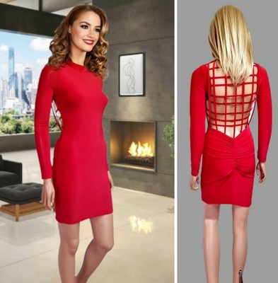 Pretty Little Thing Dres Size 6 Red Bodycon Mini Backless Long Sleeve Stretch#52