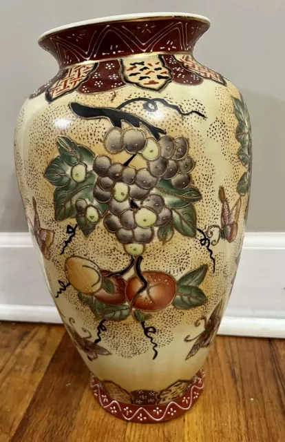 Antique Japanese Satsuma Hand Painted Porcelain Vase with Gold Gilded Fruit 14.5 3