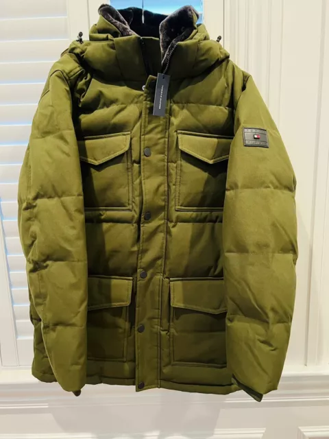 Men's Tommy Hilfiger Forest Green  Long Quilted Parka with Removable -Fur Trim