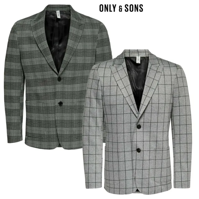 Only and Sons Men's Blazer Jacket Check Button Formal Office Casual Smart Black
