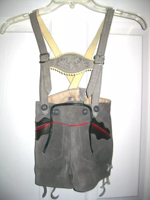 VINTAGE Boys Lederhosen Short Suspenders Grey Suede w Red & Green Leather Trim
