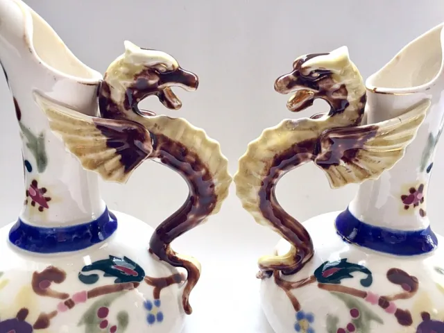 Austrian Art Nouveau 19th century Dragon Handles Bohemian Porcelain 2 Ewers