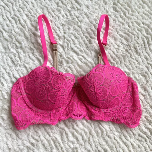 Aerie 32B Balconette Real Power Hot Pink Floral Lace Bra Lightly Lined Barbie