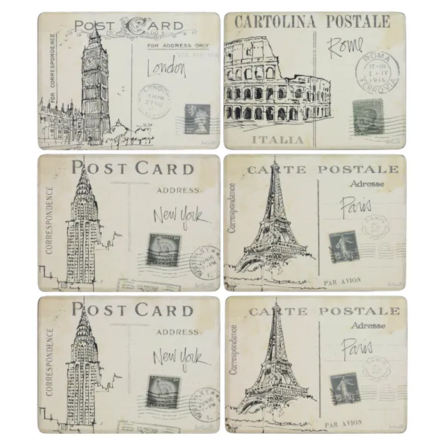 Set Of 6 Tablemats Cork Hardboard Placemats Postcard Sketches Cities Non-Slip