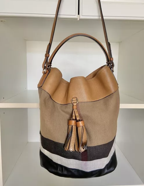 Burberry Ashy Bucket Bag Tassels, Plaid, Leather, Detachable Crossbody Strap