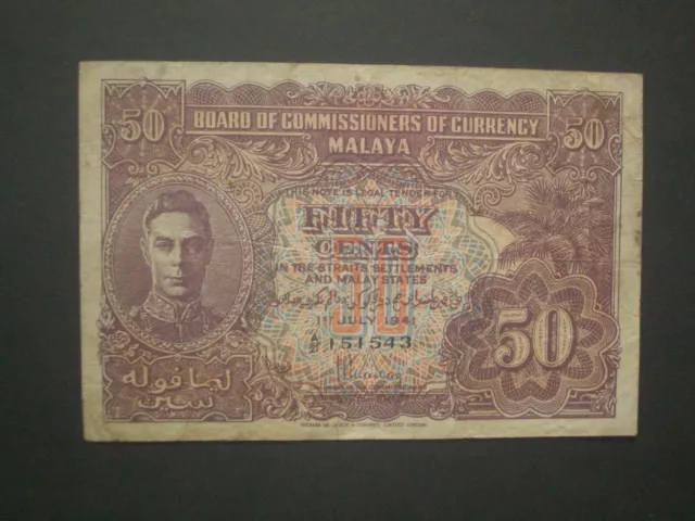 **Scarce**  Malaya 50 Cents 'GF'  1941  Banknote**