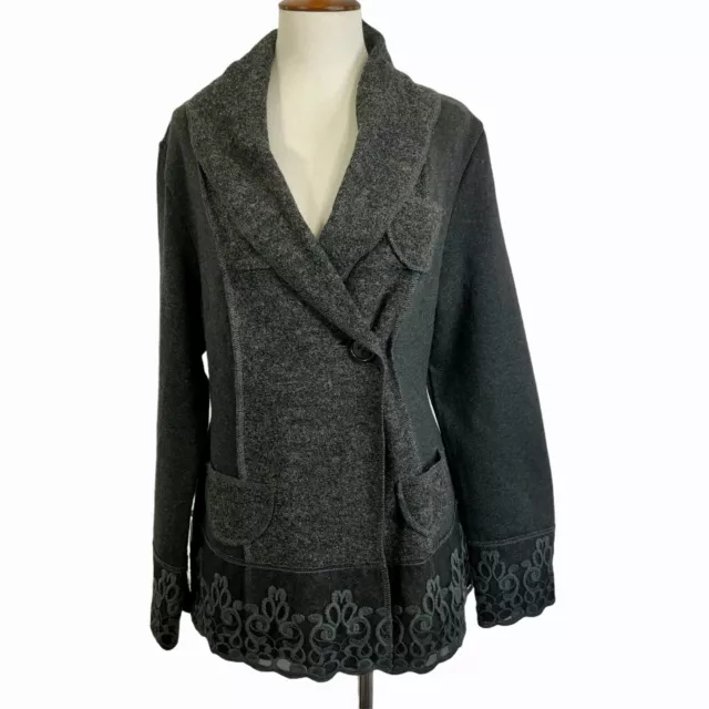 Through The Country Door Sweater Coat Medium Charcoal Gray Lace Trim Jacket New