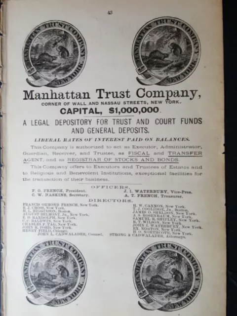 1890 original print ad Manhattan Trust Company wall Nassau Street NYC FO FRENCH