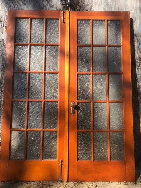 Pair 30x80 Unpainted Antique French Doors w/ Florentine Privacy Glass & Hardware
