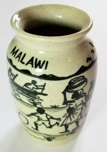 Dedza Malawi Scenery Family Hand Painted Studio Art Pottery Black & Ivory Vase