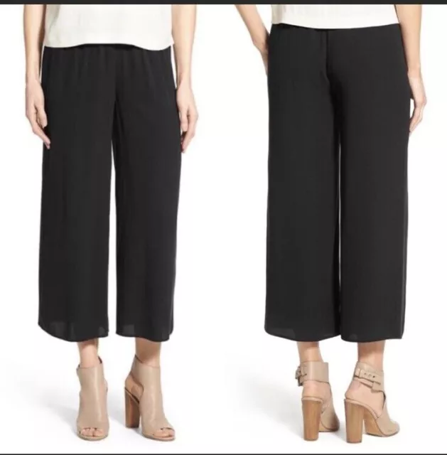 Eileen Fisher Georgette Silk Wide Leg Cropped Pants in Black Size Small S Pocket