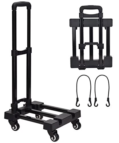 Lougnee Folding Hand Truck, 4 Wheels Fold Up Hand Cart with 2 Elastic Ropes,